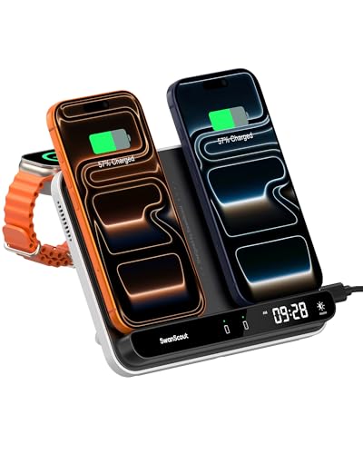 Doble Cargador Inalámbrico para iPhone 17/Air/16/15/14/13/12/11, Estación de Carga para Apple Watch 11/10/9/8/7/6/5/Ultra 3/SE 2 y AirPods 4/Pro 3, Dual Wireless Charger para 2 iPhone, SwanScout 710A