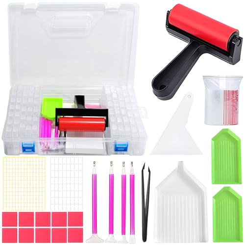 ARTDOT Diamond Painting Kit Completo, Cajas de Accesorios para Pintura de Diamantes, 64 Ranuras Caja de Almacenamiento de Pintura de Diamantes Pegatina de Embudo con Accesorios