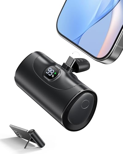 Mini Universal Bateria Externa Carga Rapida Power Bank, 5000mAh Cargador Portatil Movil con Soporte Integrado, Powerbank Conector USB-C Plegable Compatible Samsung iPhone 15/16/17 Android etc-Negro