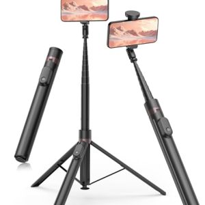 TONEOF Automática Palo Selfie Trípode, 168cm Monopie Tripode para Movil con Control Remoto Magnético Recargable,Soporte Movil Giratorio de 2 Eje de 360°,Trípode Estable para iPhone/Android-Negro
