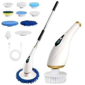 Mapille Cepillo de limpieza eléctrico, cepillo eléctrico para el hogar, cepillo de limpieza eléctrico, cepillo de cocina, 8 cabezales de limpieza incluidos, con mango ajustable, 2 velocidades