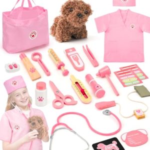 Ophy Maletin Medicos Juguete, Peluche Perro Maletin Medico Juguete de Madera,con Real Estetoscopio esfigmomanómetro,Doctor Bata Gorro,Juego de rol Doctora Juguetes Halloween Regalo Niña Niño 3-5 Años