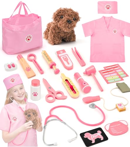 Ophy Maletin Medicos Juguete, Peluche Perro Maletin Medico Juguete de Madera,con Real Estetoscopio esfigmomanómetro,Doctor Bata Gorro,Juego de rol Doctora Juguetes Halloween Regalo Niña Niño 3-5 Años