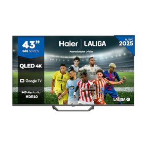 Haier QLED 4K UHD H43S81FUX – 43″, Smart TV, Google TV, Dolby Audio, HDR 10, Smart Remote Control, Google Assistant, Bluetooth 5.1, 60Hz, USB 2.0, DBX TV, HDMI 2.1 x 4, Sin Marcos, 2025