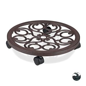 relaxdays Soporte para Macetas con Ruedas, Base Plantas Redonda de Interior y Exterior, 1 Ud., Ø 38 cm, Aluminio, Marrón