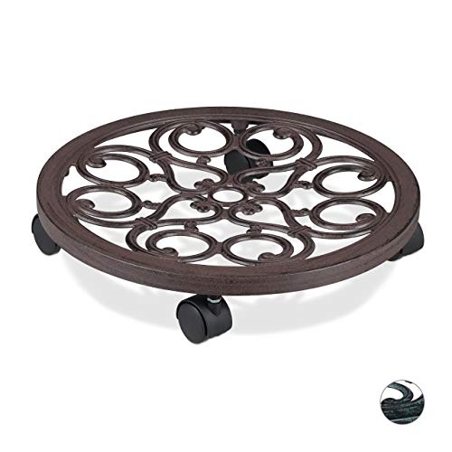relaxdays Soporte para Macetas con Ruedas, Base Plantas Redonda de Interior y Exterior, 1 Ud., Ø 38 cm, Aluminio, Marrón