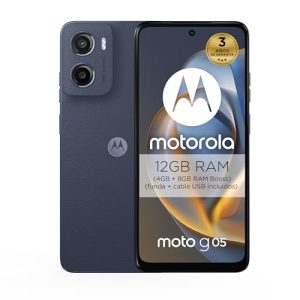 Motorola Moto g05 4GB/256GB Azul, España, Pantalla Brillante de 6.67″, Sistema de cámaras de 50 MP, Modo Retrato con IA, Textura Soft Luxe, Corning Gorilla Glass 3, batería 5200 mAh