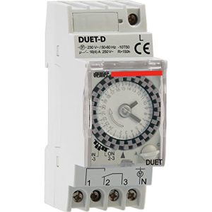 VEMER VP879100 DUET-D – Temporizador Horario Electromecánico, Interruptor con Programación Diaria, Instalación en Carril DIN, Gris Claro