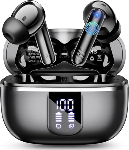 Auriculares Inalámbricos Bluetooth, Cascos Inalambricos Bluetooth 5.4 con 4 Reducción de Ruido Mic, 46H auriculares inalambricos con HiFi Estéreo, Impermeable IPX7 Auriculares para Android iOS. Negro