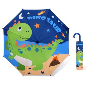 Paraguas Plegable Niño con Funda, Paraguas Plegable Antiviento y Duradero, Fácil de llevar Paraguas Infantil Ligero, Paraguas Mini con Bonito Estampado para Niñas Niños (Dinosaurio de Playa)