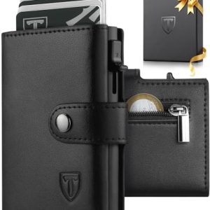 Cartera para Hombre con Protección RFID en Cuero sintético, Tarjetero Hombre con 5 Tarjetero, Cartera con Compartimiento Billetes, Monedero & Ventana ID Cierre de Botón – Negro