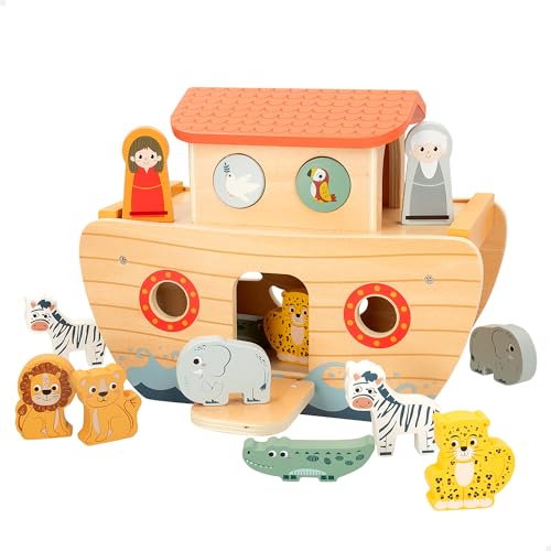 WOOMAX - Arca de Noé de Madera, Zookabee, Animales Juguete, Encajables bebé, Juego Encaje, Encajar Figuras, Juguetes niños 2 años, Juegos educativos, Motricidad Fina, Clasificador Formas, FSC (47579)