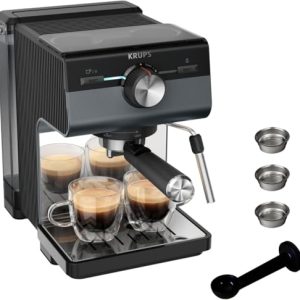 Krups Cafetera Espresso Manual, Authentic+, 15 bares de presión, Espumador de leche, Ajuste Manual, Cuchara Medidora y Compactadora, Depósito de 2 L de capacidad, Negra, XP384G