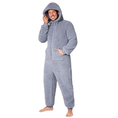 Pijama Hombre Entero - Onesie con Cierre Cremallera Completo, Talla M-3XL, Regalo Hombre Navidad (Gris, L)