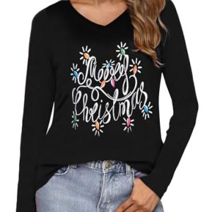 Terecey Camiseta Mujer Navidad con Estampado Navideño Camiseta Navideña Mujer de Manga Larga Ropa Navidad Casual para Fiesta Familia y Regalo