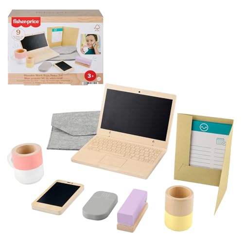 Fisher-Price Juego de madera para teletrabajar Conjunto de juguete de oficina con 9 piezas, como teléfono y ordenador portátil de madera, juguete de preescolar para juego de imitación, HXV11
