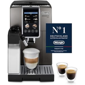 De’Longhi Dinamica Plus ECAM380.95.TB Cafetera Automática con LatteCrema Sistema de Leche, One-Touch Cappuccino, con 24 Recetas, Pantalla TFT a Color de 3.5 Pulgadas, 1450 W, Titanio/Negro