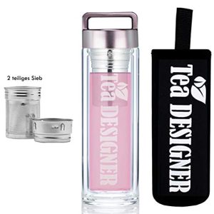 Té botella – Tetera de té de cristal – Botella de cristal con colador de té de doble pared Tea to go Maker con tapa de bambú 450 ml sin BPA Tead esigner plata