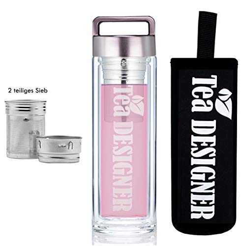 Té botella – Tetera de té de cristal – Botella de cristal con colador de té de doble pared Tea to go Maker con tapa de bambú 450 ml sin BPA Tead esigner plata