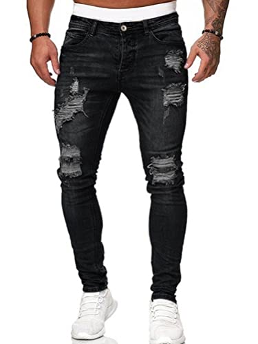 Oanviso Vaqueros Rasgados de Hombre Skinny Denim Jeans Vintage Pantalone con Cremallera Moda Casuales Elasticos Agujero Pantalón Largo Vaqueros Ajustados A Negro L