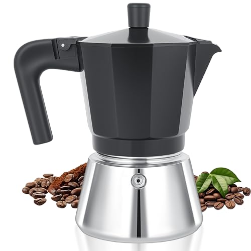Cozary Cafetera Italiana Moka 6 Tazas (300 ML) Induction Inox de Aluminio y Acero Inoxidable Mango termorresistente Compatible con todo tipo de placas, incluida la inducción (base de 11 cm)