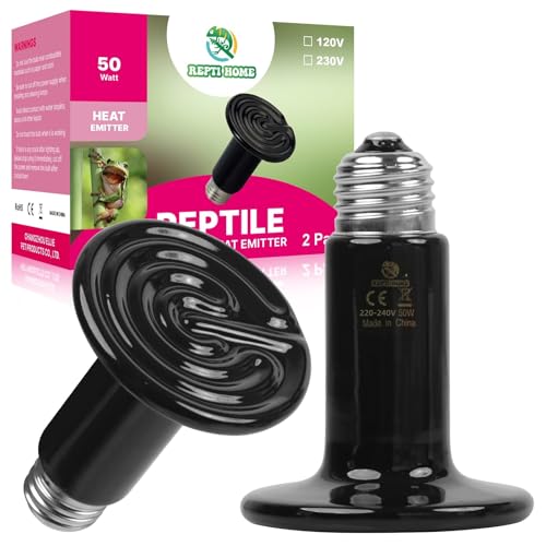 REPTI HOME Emisor de Calor Cerámico 50W (2 Pack), Bombillas de Calor para Reptiles, Calentador Cerámico para Tortugas, Gallinas, Perros