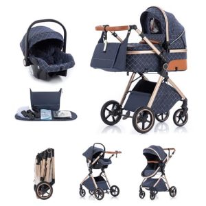 Kakbgee Cochecito 3 en 1 con Silla de Coche, Carrito bebé Plegable, Manillar 7 Alturas, Suspensión 4 Ruedas, Funda de Lluvia y Mosquitera, Sistema de Viaje para Recién Nacidos 0-3 Años (15kg), Azul