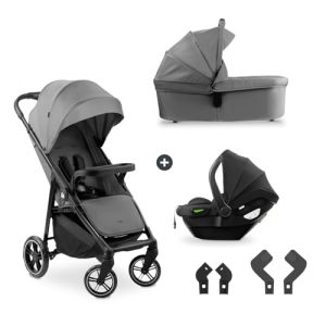hauck Carro Bebe 3 Piezas Shop N Care Trio Set – Set de Carrito 3 en 1 con Cochecito, Silla de Coche y Silla de Paseo desde el Nacimiento hasta 22 kg, Compacto, Reclinable, Protección UV 50+ – Gris