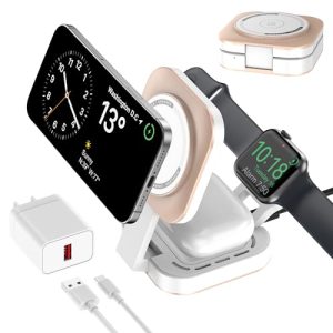 Carga inalámbrica 3 en 1 para Apple Dispositivo, Mini Estación Carga Plegable para Magsafe para iPhone 17/Air/16/15/14/13/12 Serie, Apple Watch Serie y AirPods Pro/2/3/4(Adaptador Incluido) (Dorado)