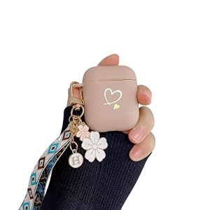 Fycyko Compatible con AirPods 1 y 2 Carcasas de Silicona Golden Corazón Patrón Llavero Protección a Prueba de Golpes para Niñas Mujeres Funda para Airpods 2 y 1-Marrón