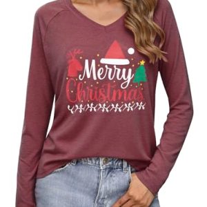 Terecey Camiseta Navideña Mujer con Divertido Estampado de Navidad Camiseta Mujer Navideño Manga Larga Ropa Navidad Casual para Fiesta y Regalo