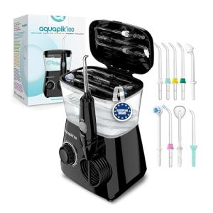 Irrigador dental de sobremesa Aquapik 100® – Limpieza bucal profunda con 10 niveles de presión, 9 boquillas, depósito de 600 ml, ideal para encías sensibles, ortodoncia, puentes e implantes. (Negro)