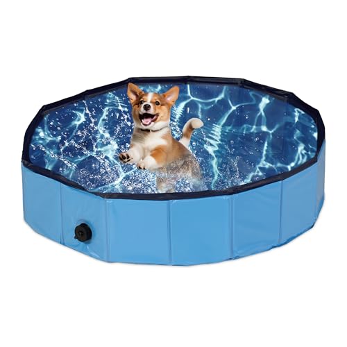 Relaxdays Piscina para Perros y Niños, Plegable, Válvula Desagüe, Jardín, Balcón, Terraza, PVC y MDF, 80x20 cm, Azul
