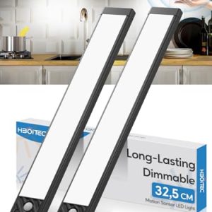 HIBOITEC Luz Con Sensor de Movimiento-32,5CM 70LED Luces Led Cocina, 2500mAh Led Cocina Bajo Mueble, Regulable Tira Magnética Luz LED Adhesiva, Luce para Armario, Escalera, Pasillo (Luces Blancas)