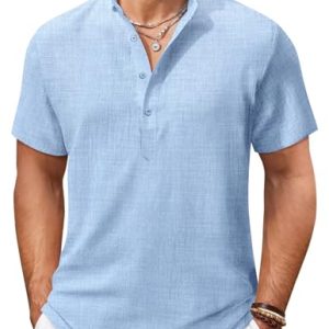 COOFANDY Camiseta Henley Hombre Manga Corta Camiseta de Verano con Botones Henley T-Shirt Playa Vacaciones Casual Transpirable Ligera Camisas Estilo Cuello V Ropa Regular Fit Azul Claro M