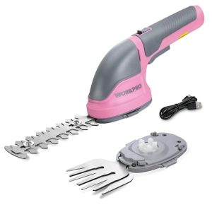 WORKPRO 3.6V Tijeras Cortacésped y Arreglasetos 2 en 1, Cortasetos a Batería 2 Ah, Tijeras Arreglaseto con 2 Tipos de Cuchillas Ancho de Corte 75 mm, 118 mm, Herramienta para Jardín (Rosa)