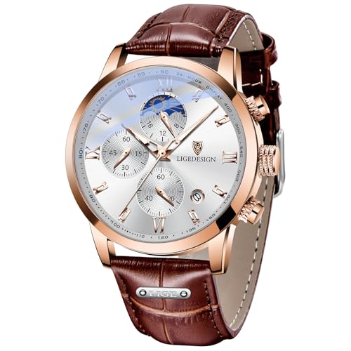 LIGE Reloj Hombre, Correa de Cuero Relojes Hombre, Cronógrafo de Cuarzo, Resistente al Agua 3 ATM, Función de Calendario, Estilo Casual y Minimalista para Negocios, Plateado