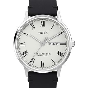 Timex Waterbury – Reloj de 40 mm para hombre, cuero negro, correa de liberación rápida de dos piezas, esfera blanca, caja de acero inoxidable TW2W15000
