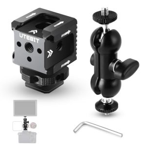 UTEBIT Soporte de Zapata Fría de 3 Puertos con Adaptador de Montaje de Zapata Caliente para Cámara, 360° Giro Doble Cabeza de Bola Brazo Mágico con Hilo 1/4″-20 para Monitor Micrófono LED Flash Luz