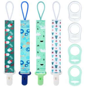 Aolso Cadena Chupete Bebe, 4pcs Chupetes de Clip bebé con Anill Silicona Chupete Bebé Clips Porta Adaptador, Cadena de Chupete de Bebé, Cadenas para Chupetes para Niño y Niña-árbol de Navidad