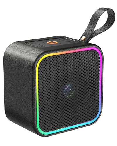Altavoz portátil Bluetooth, altavoz inalámbrico de cuero Bluetooth 5.3 con luces, sonido estéreo de alta fidelidad, altavoz pequeño con micrófono integrado, 10 horas de reproducción, a prueba de polvo