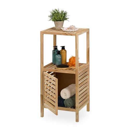 Relaxdays Mueble de Baño, Madera Nogal, 86 x 40 x 36 cm, Estantería Aseo con 2 Baldas, Puerta, WC y Cocina, Natural
