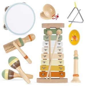 Instrumentos musicales para niños pequeños, instrumentos musicales Montessori de madera Juguetes para niños pequeños de 1-3 años de edad, xilófono niños regalos educativos de cumpleaños (madera de