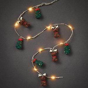 Hellum Cadena de luces LED con perlas de agua, figuras de árbol de Navidad y reno, 20 LEDs blancos cálidos, 90 cm de longitud, cable plata, para interiores, alimentada por baterías (3AA) 524260
