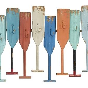 Deco 79 Gancho de pared con 8 perchas en forma de remo desgastado para interiores y exteriores, paleta de metal, 26 x 1 x 20 pulgadas, multicolor