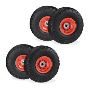 Relaxdays 4 Ruedas de Carro, Antipinchazos, Macizas, 4.10/3.50-4″, Llantas de Plástico, 150 kg, 260x85mm, Negro y Rojo