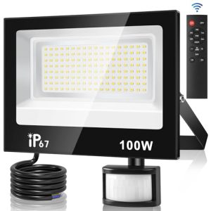 URTBST 100W Focos Led Exterior con Sensor Movimiento,4 Modos 10 Brillo Foco Proyector LED con Mando a Distancia,10000LM,7000K Blanco Frío IP67 Impermeable Foco LED para Patio,Garaje,Jardín
