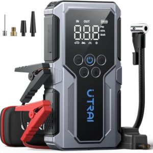 4500A Arrancador de Baterías de Coche con Compresor de Aire,UTRAI 12V Arrancador de Coches(para 9L Gasolina o 7.5L Diesel) Portatil con 18W Carga Rápida,Jump Starter,Linterna LED Salida