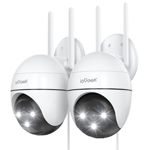 ieGeek 2K Camara Vigilancia WiFi Exterior con Eléctrico, PTZ 355°, Detección de Humano, Seguimiento Automático, Visión Nocturna Color, Alarma de Luz y Sonido, Grabación Continua(2 PCS)