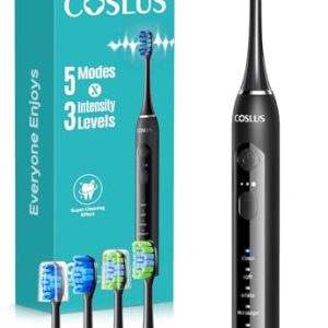 COSLUS Cepillo de Dientes Eléctrico Sónico: 5 Modos con 3 Niveles de Intensidad – Diseñado para Dientes Sensibles – Adecuado para uso Doméstico o de Viaje – Dos Tipos de Cabezales de Cepillo